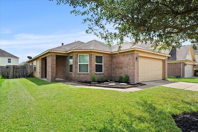 single story home featuring a front lawn and a garage