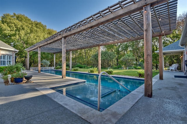 view of swimming pool featuring a patio, a lawn, and a pergola