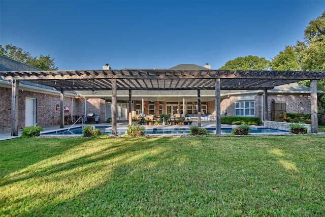 851 Elm Dr, Brenham, TX 77833 - rear view of house with a pergola, a yard, an outdoor pool, and brick siding