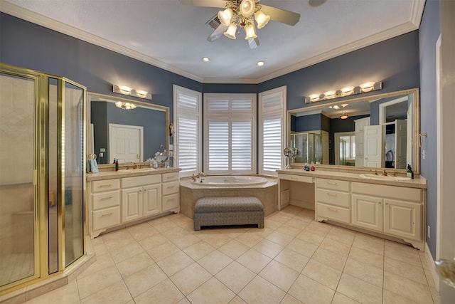 bathroom with vanity, crown molding, independent shower and bath, and ceiling fan