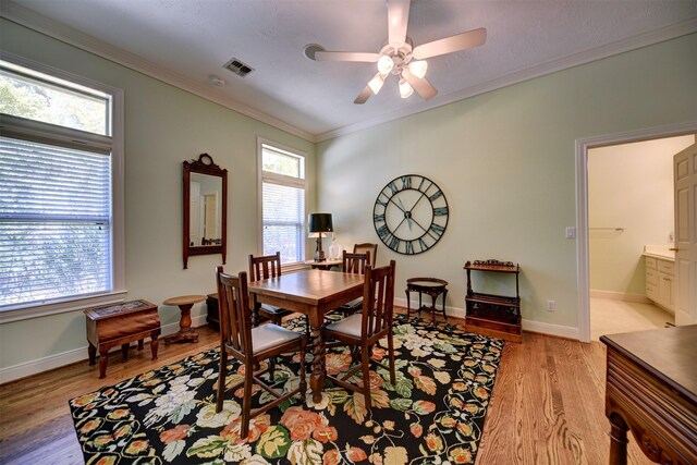 851 Elm Dr, Brenham, TX 77833 - dining room featuring a ceiling fan, healthy amount of natural light, light wood finished floors, ornamental molding, and baseboards