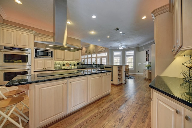 851 Elm Dr, Brenham, TX 77833 - kitchen with ornamental molding, island range hood, stainless steel appliances, recessed lighting, and light wood-type flooring