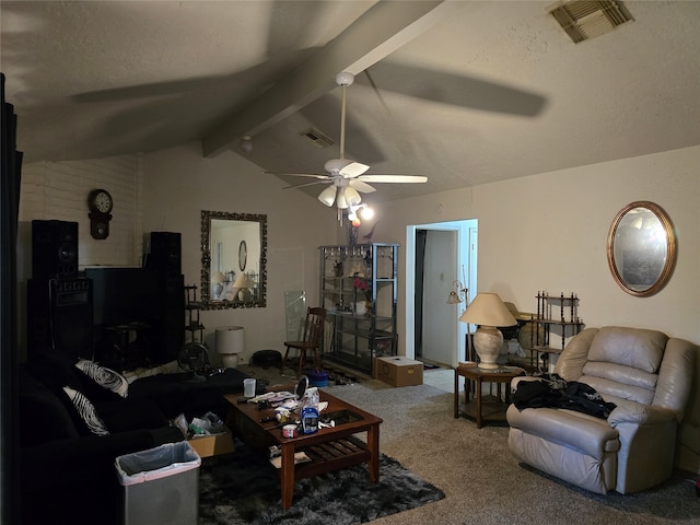 living room featuring vaulted ceiling with beams, a textured ceiling, carpet flooring, and ceiling fan