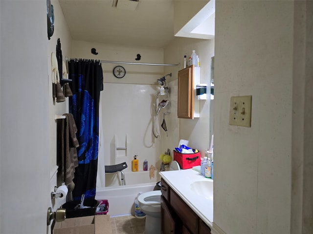 full bathroom with vanity, toilet, tile patterned floors, and shower / bath combo