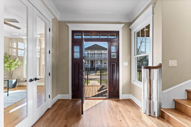 501 Cordell St, Houston, TX 77009 - entryway with french doors, healthy amount of natural light, wood finished floors, a ceiling fan, and crown molding