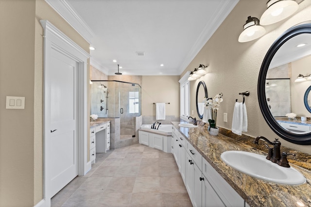 bathroom with tile patterned floors, ornamental molding, plus walk in shower, and vanity