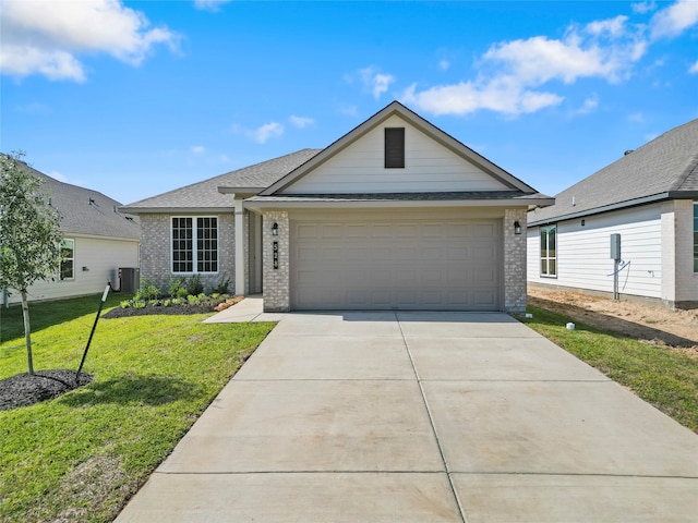 single story home featuring a front yard, central AC, and a garage