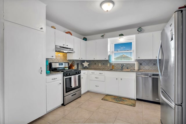 kitchen with appliances with stainless steel finishes, decorative backsplash, white cabinetry, and sink