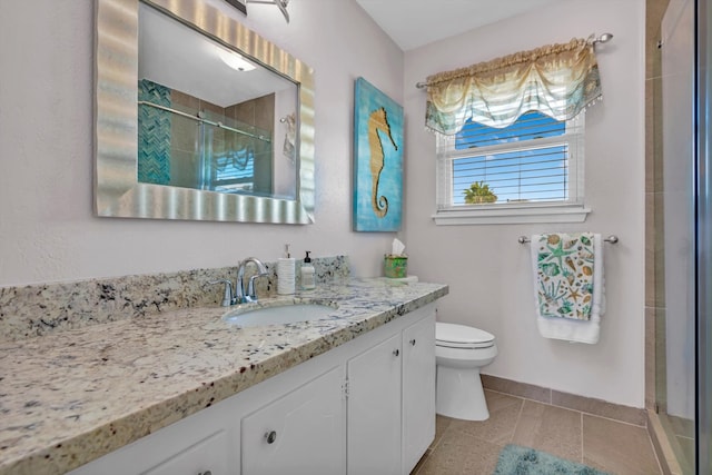 bathroom with vanity, toilet, tile patterned floors, and an enclosed shower