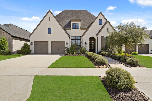 view of front of house with a front yard and a garage