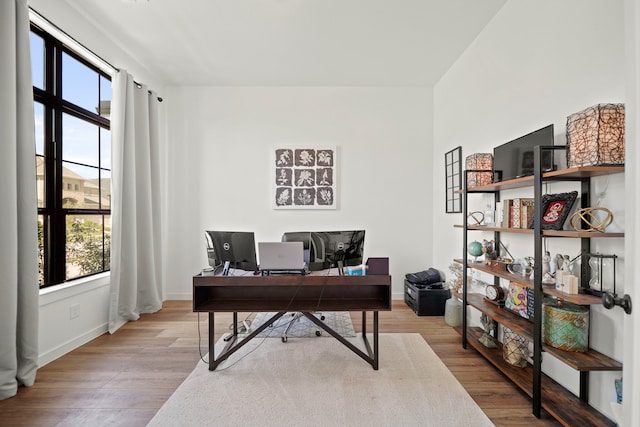 office area with light hardwood / wood-style floors and a healthy amount of sunlight