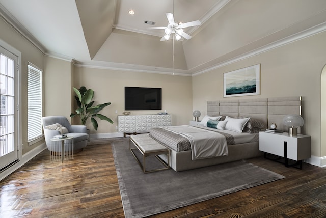 bedroom with crown molding, dark wood-type flooring, and ceiling fan