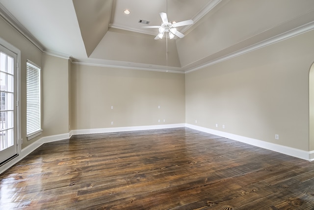 spare room with ornamental molding, dark hardwood / wood-style floors, and ceiling fan