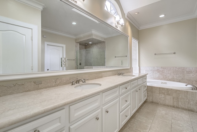 bathroom featuring vanity, crown molding, tile patterned floors, and separate shower and tub