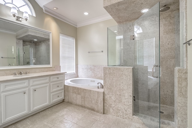 bathroom with vanity, crown molding, independent shower and bath, and tile patterned flooring