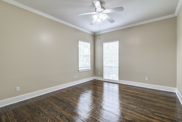 spare room featuring ornamental molding, ceiling fan, and dark hardwood / wood-style flooring