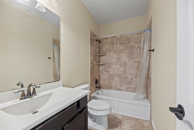 full bathroom with toilet, shower / tub combo with curtain, vanity, and tile patterned floors