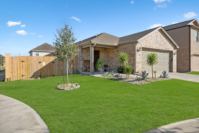 ranch-style home featuring a garage and a front lawn