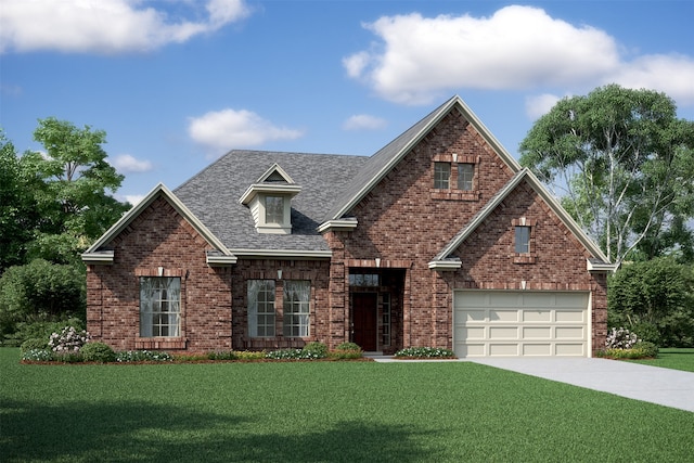 view of front of home with a front yard and a garage