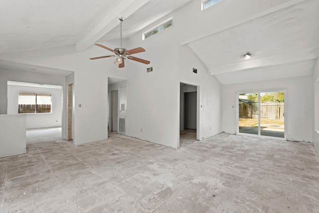 unfurnished living room with beamed ceiling, light carpet, high vaulted ceiling, and ceiling fan