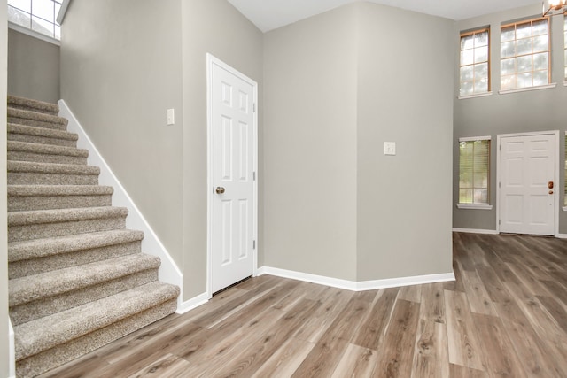 foyer entrance featuring hardwood / wood-style flooring, a healthy amount of sunlight, and a high ceiling