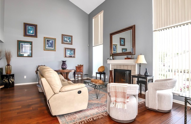 sitting room with a fireplace, dark hardwood / wood-style floors, and high vaulted ceiling