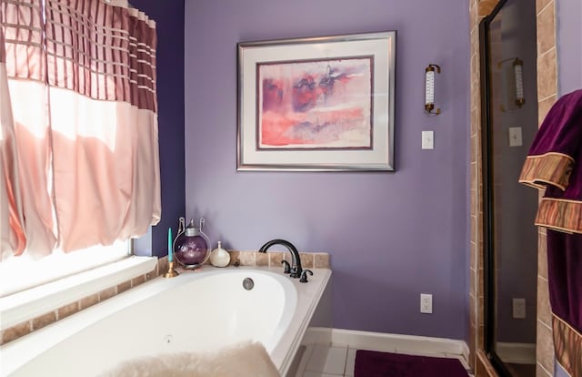 bathroom with tile patterned floors and plus walk in shower