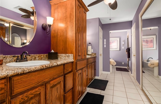 bathroom with vanity, ceiling fan, and tile patterned flooring