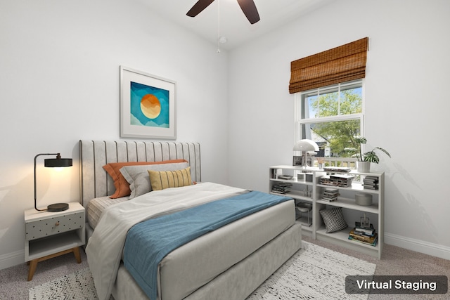 carpeted bedroom with ceiling fan