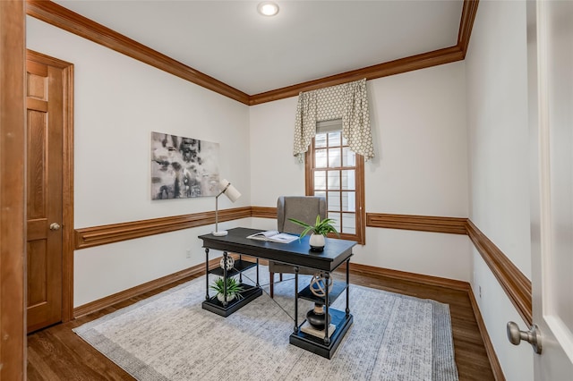 home office featuring hardwood / wood-style floors and crown molding