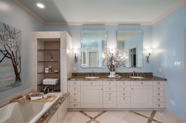 bathroom featuring vanity, ornamental molding, and a relaxing tiled tub