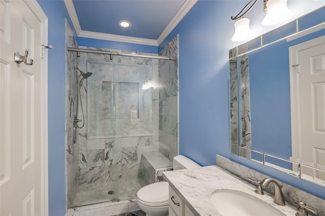 bathroom featuring vanity, walk in shower, toilet, and crown molding