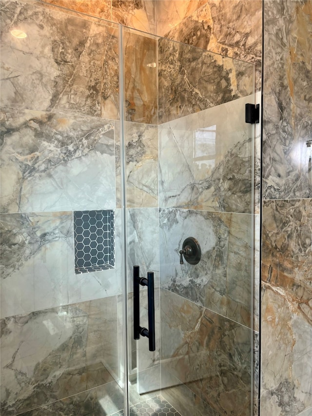 details with a shower with shower door