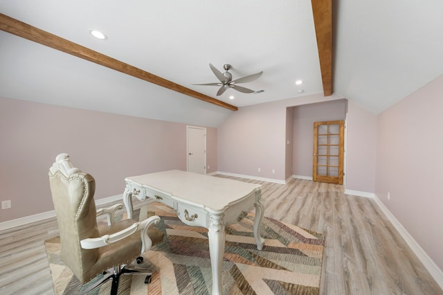 playroom with lofted ceiling with beams, ceiling fan, and light wood-type flooring