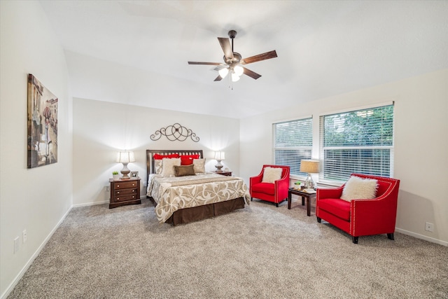 bedroom with light colored carpet and ceiling fan