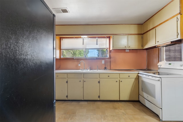 kitchen with electric stove, refrigerator, and sink