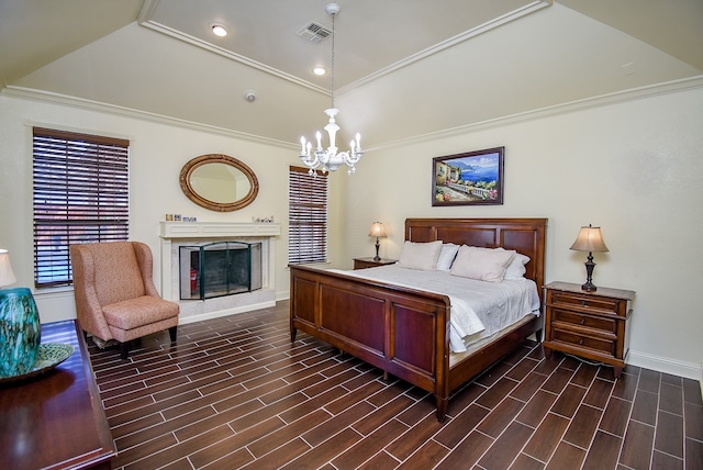 bedroom with dark wood-type flooring, a notable chandelier, ornamental molding, and lofted ceiling