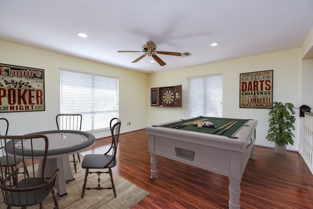 playroom with dark wood-type flooring, pool table, and ceiling fan