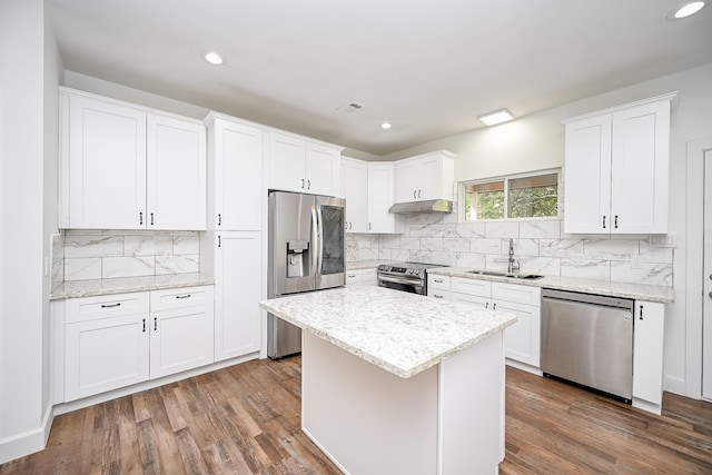 30626 Logger Ln, Magnolia, TX 77355 - kitchen with stainless steel appliances, a sink, under cabinet range hood, decorative backsplash, and wood finished floors