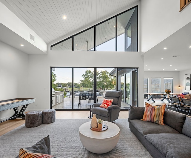 living room with a high ceiling and light hardwood / wood-style flooring