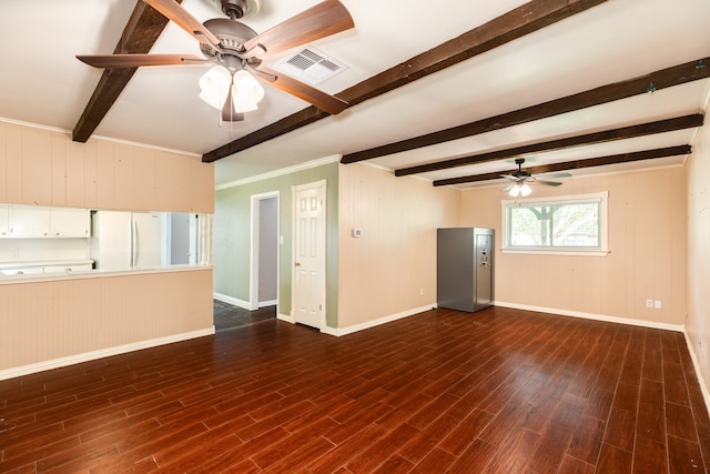 unfurnished living room with beamed ceiling, wooden walls, ceiling fan, and dark hardwood / wood-style flooring