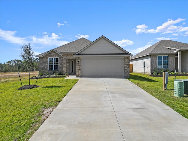 single story home featuring central air condition unit, a front yard, and a garage