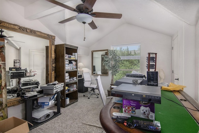 9469 Canyon Mist, Helotes, TX 78023 - home office featuring a ceiling fan, vaulted ceiling, and carpet flooring