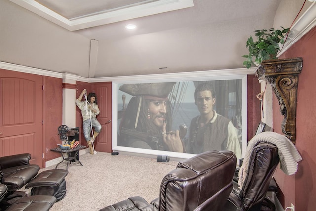 cinema with carpet floors and vaulted ceiling