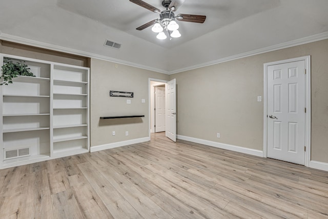 unfurnished bedroom featuring ceiling fan, ornamental molding, and light hardwood / wood-style flooring