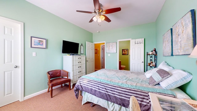 carpeted bedroom featuring ceiling fan