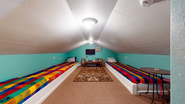 playroom with lofted ceiling, carpet, and a textured ceiling