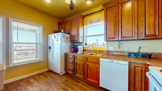 kitchen with white appliances, ceiling fan, wood-type flooring, and sink