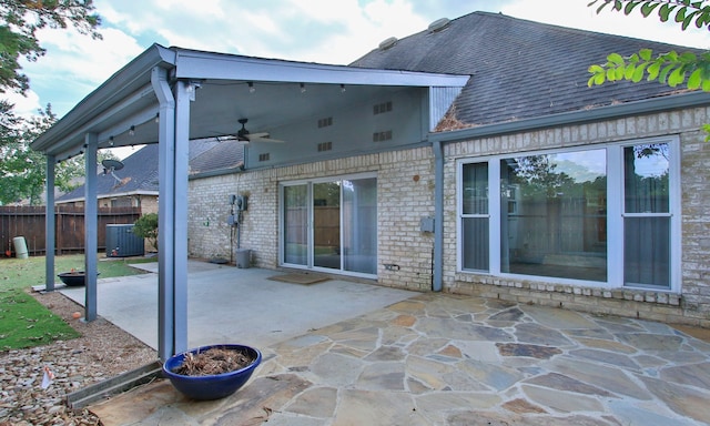 back of house with a patio, ceiling fan, and central air condition unit