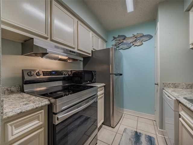 kitchen with light tile patterned flooring, dishwasher, a textured ceiling, stainless steel electric stove, and light stone counters